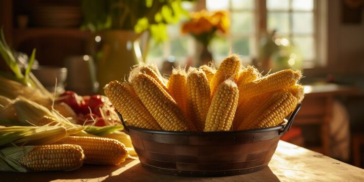 A basket of corn sits on a wooden table in front of a window.