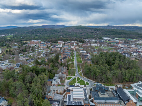 Spring aerial photo of Hanover, NH on a partly cloudy day.