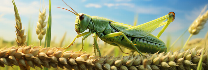 A macro shot of a green grasshopper perched on a stalk of wheat in a field, showcasing detailed insect anatomy and natural habitat. - obrazy, fototapety, plakaty