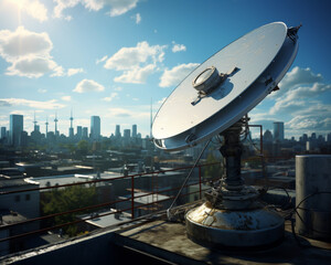 A large satellite dish is mounted on a rooftop in an urban area.