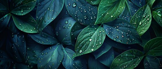 Dark blue and green leaves with water droplets, in the style of hyper realistic photography  in the style of photography. - obrazy, fototapety, plakaty