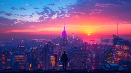 Silhouette of a contemplative person against the city skyline during sunset, concept of solitude amidst urban chaos and reflection - obrazy, fototapety, plakaty