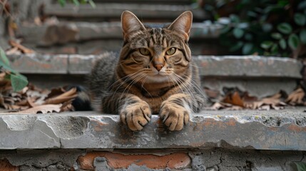 A tabby cat with striking markings lounging on a stone staircase. looking at the camera.