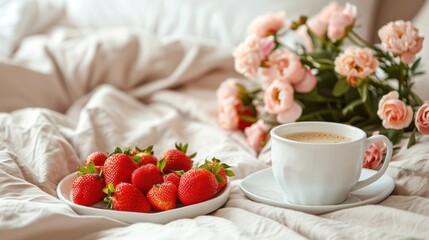 Breakfast for Mothers Day. Heart shaped white plate with fresh strawberries. cup of coffee. gift and Peonys bouquet with gift in bed. Still life composition. Happy Mother's Day.