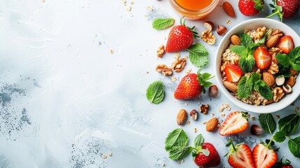 Breakfast with muesli. strawberry salad. fresh fruit. orange juice. nuts on white background. Healthy food concept. Flat lay. top view