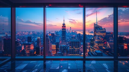 Epic sunset view through large windows showing an urban skyline, capturing the vibrant atmosphere of city life and modern architecture - obrazy, fototapety, plakaty