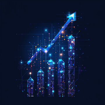 business arrow up growth line circuit technology on dark blue background. business investment to success. financial data graph strategy. market chart profit money. AI generated image