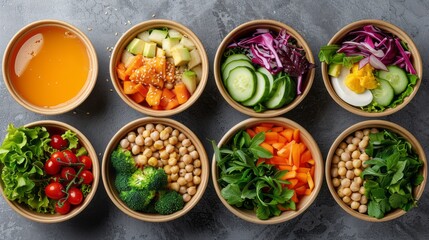 Healthy take away food and drinks in disposable eco friendly paper containers on gray background. top view. Fresh salad. soup. poke bowl. buddha bowl. fruits. coffee and juice.