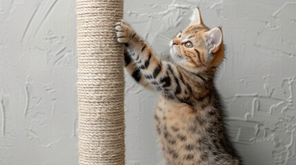 Playful cat climbing on scratching post and sharpening its claws. Pet training.  - obrazy, fototapety, plakaty