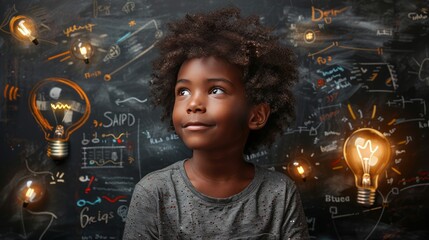 Smart black kid with lightbulb. Brainstorming and idea concept. Little student boy on chalkboard background - obrazy, fototapety, plakaty