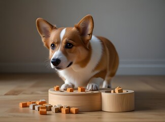 Corgi dog bent over interactive educational toy for, puzzle, slow feeder, pokes his nose into holes for hidden treat. Smart bowl, find dry food by smell. Pet training, mental activity, intelligence
