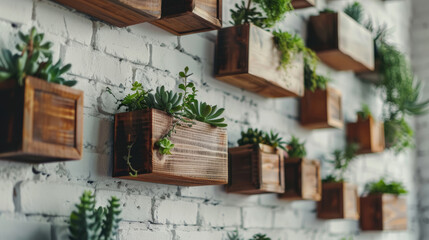 Fototapeta na wymiar Modern Plant Wall with Wooden Planters