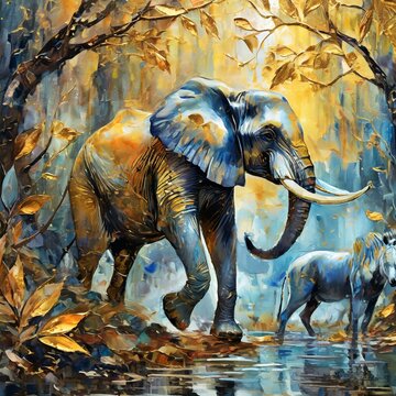 Abstract oil painting art. Flowers, leaves, elephants, zebras, horses, sprinkle paint on paper. Shiny golden texture. Prints, wallpapers, posters, cards, murals, rugs, hangings, wall art.