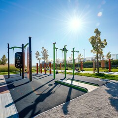 Fitness trail with integrated sports equipment, panoramic view, outdoor health circuit, bright sunny day.