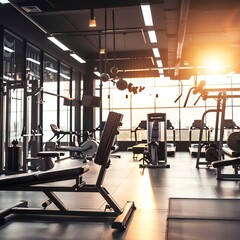 High-tech sports equipment in a modern gym, wide shot, clean and sleek design, vibrant morning light.