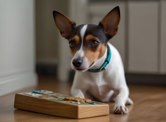 A toy fox terrier dog playing with an advanced challenge slider interactive treat puzzle dog toy that helps with boredom, sniffing and pawing for treats
