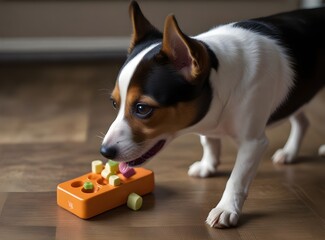 A toy fox terrier dog playing with an advanced challenge slider interactive treat puzzle dog toy that helps with boredom, sniffing and pawing for treats
