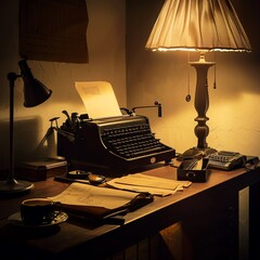 Vintage office equipment in a classic setting, medium shot, retro style, warm nostalgic lighting.