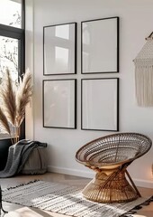 Mockup frame set in home interior background featuring a white room with natural wooden furniture in Scandi-Boho style. Presented in 3D render. Made with generative AI technology