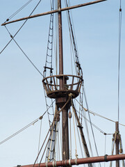 Mast, crow's nest and rigging on vintage Portuguese sailing ship