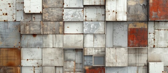 Old weathered steel wall with a small window and a surface covered in rust, creating a rustic and worn-out appearance