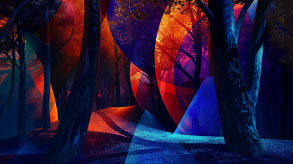 An abstract journey through a forest at night, where shapes and colors blend to suggest the mystery and allure of nature in darkness