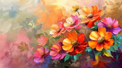 Beautiful floral background. Colorful flowers. Oil painting. Abstract art background. copy space