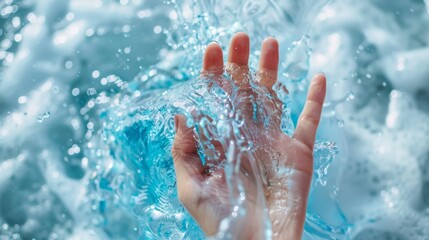 in agreement with nature water concept with human hand and aqua hand There's blue all over the hand, 
