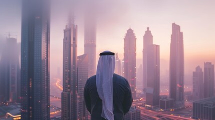 Arab man standing in front of modern high-rise city , wide banner - obrazy, fototapety, plakaty