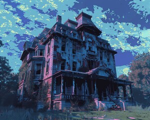 Capture a terrifying, vacant mansion from a low angle in a pixelated, glitch art style to emphasize its haunting presence