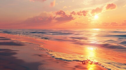 Illustrate the fleeting moment of a summer sunset on a sandy beach, where the ocean blurs into the horizon, painting the sky with hues of orange and pink  