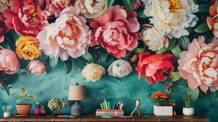 A craft room made more inspiring by a wall covered in colorful 3D peony wallpaper The vivid blooms against the muted background stir creativity and add an artistic touch to the space - obrazy, fototapety, plakaty