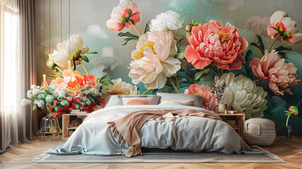 A guest bedroom that welcomes visitors with the warmth of 3D peony wallpaper, where the array of colors against a muted background creates a comfortable and inviting space for guests