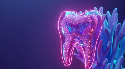 3D illustration of a tooth with glowing pink and blue details on a dark blue background