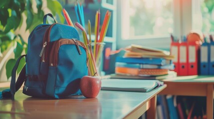 A backpack, notebooks and an apple on the desk of a student. - obrazy, fototapety, plakaty