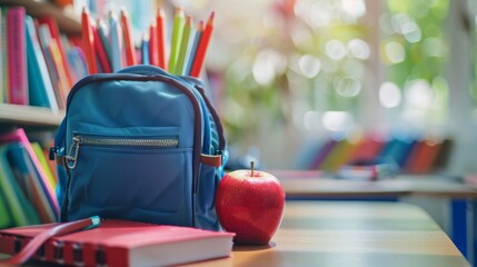 A backpack full of colored pencils and a red apple on a desk in a classroom. - obrazy, fototapety, plakaty