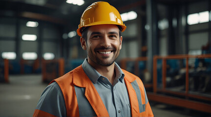 Looking at camera and smiling. Portrait handsome confident professional engineer man wearing safety uniform and hard hat helmet in industrial factory workplace, Generative.AI