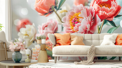 A modern living room where the focal point is a stunning 3D wallpaper design, featuring vibrant peonies in full bloom against a soft, muted background  - obrazy, fototapety, plakaty