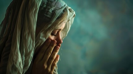 A beautiful woman with long blond hair and a white scarf over her head is praying with her eyes closed.