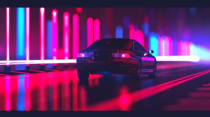 A black car drives through a city at night. The city is lit up by neon lights. The car is reflecting the lights.
