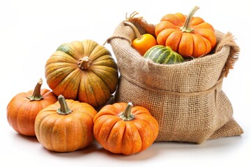Delicious pumpkin in a burlap bag, cut out
 isolated transparent background