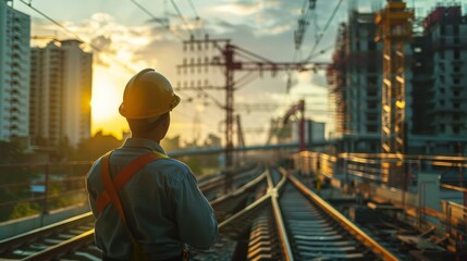A construction worker is standing on a railway track, looking out at the sunset.