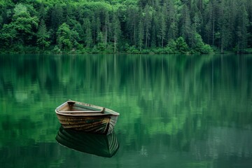 Obraz premium Green boat on calm lake water surrounded by forest