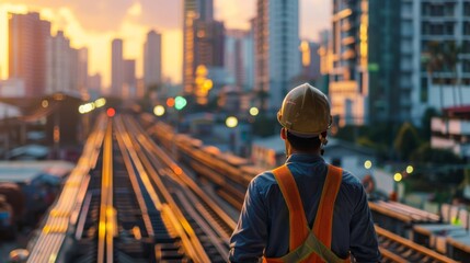 A construction worker is standing on a railway track, looking out at the city skyline. - obrazy, fototapety, plakaty