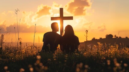 A couple is sitting in a field of flowers at sunset. There is a cross in the background.