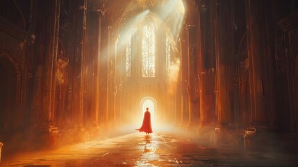 A dark figure in a red cloak walks through a long, dimly lit corridor. The corridor is lined with tall, arched windows, and the figure's footsteps echo off the stone walls. The figure stops at a large - obrazy, fototapety, plakaty