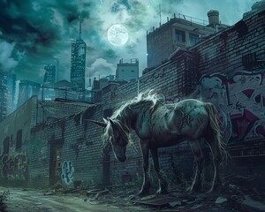 Illustrate a majestic yet eerie Centaur wandering abandoned city streets, under a moonlit sky,...