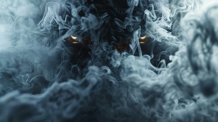 A dark figure with glowing yellow eyes is barely visible through the swirling smoke. - obrazy, fototapety, plakaty