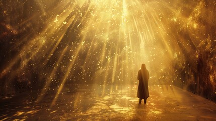 A figure standing in a vast golden field, surrounded by a golden mist. - obrazy, fototapety, plakaty