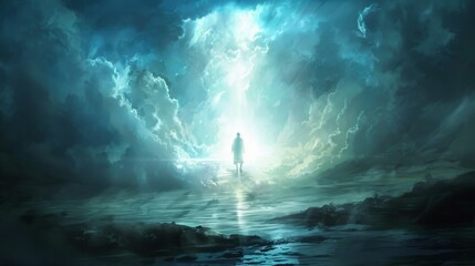 A figure standing in a vast, ethereal landscape with clouds and a bright light in the background.